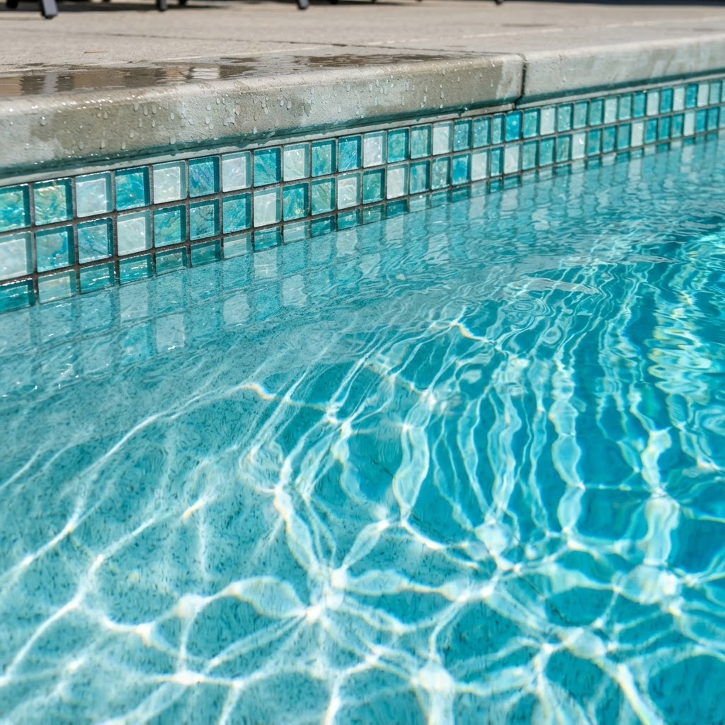 Close-up of spotless pool waterline tile with sunlight on the pool floor