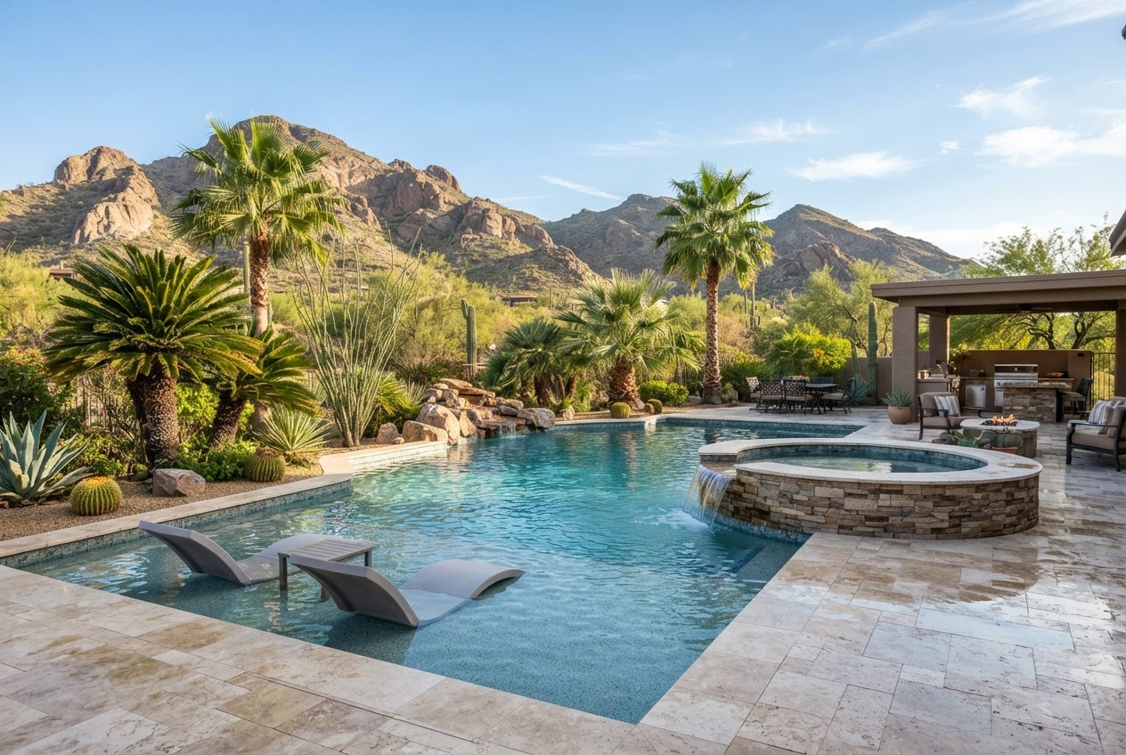 Resort style backyard pool with spa spillover and desert mountains