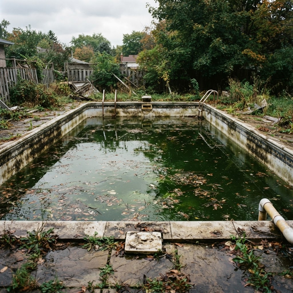 Neglected backyard pool with green algae water before restoration