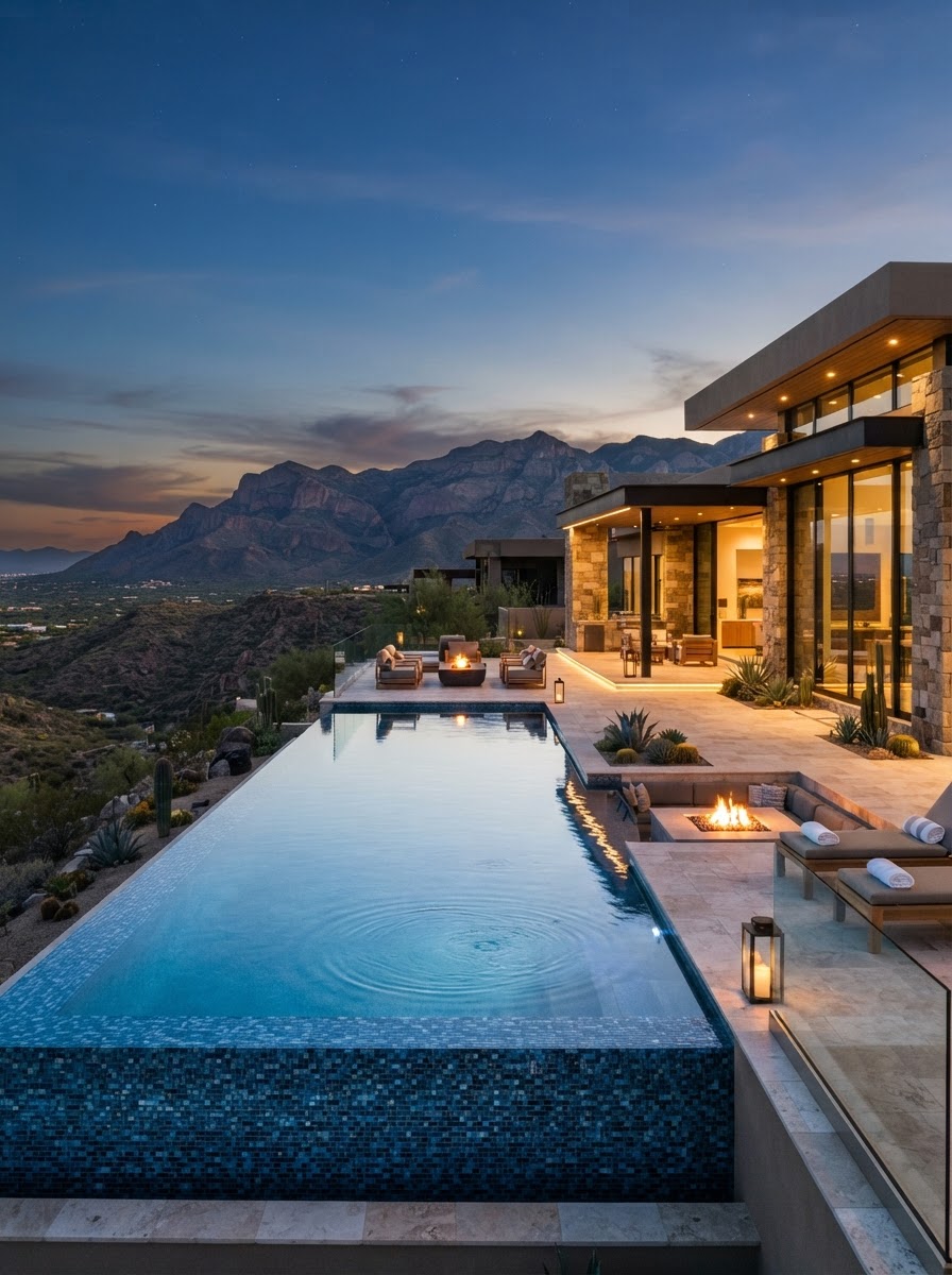 Luxury infinity edge pool with glass tile at dusk