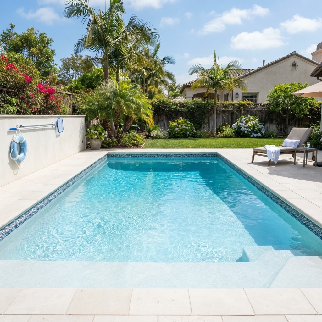 The same backyard pool restored to crystal clear blue water
