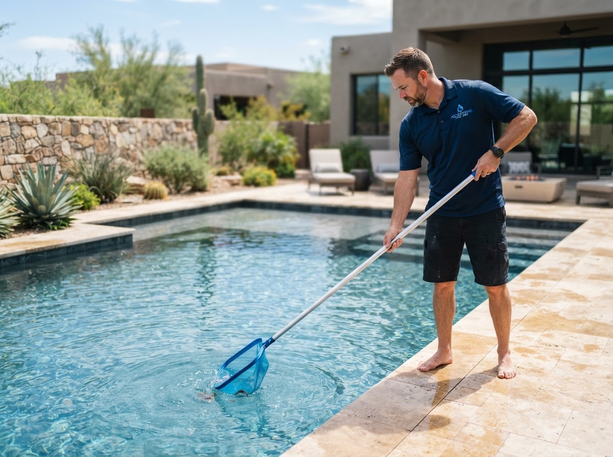 Uniformed pool technician skimming a clear blue luxury swimming pool