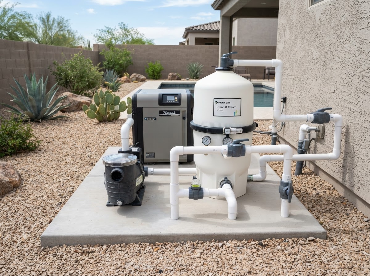 Clean, well organized pool equipment pad with filter, pump and heater